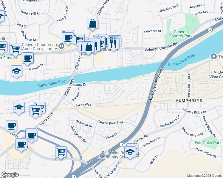 map of restaurants, bars, coffee shops, grocery stores, and more near 18001 Annes Circle in Los Angeles County