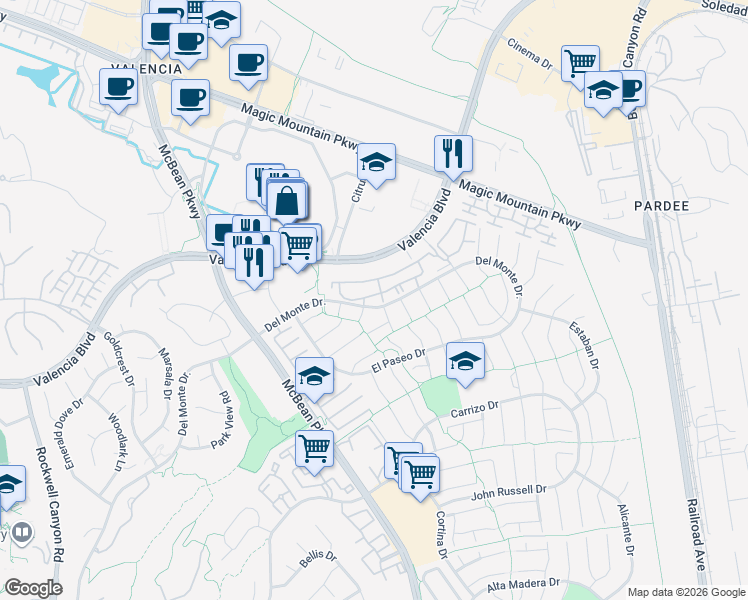 map of restaurants, bars, coffee shops, grocery stores, and more near 26180 Montolla Lane in Santa Clarita