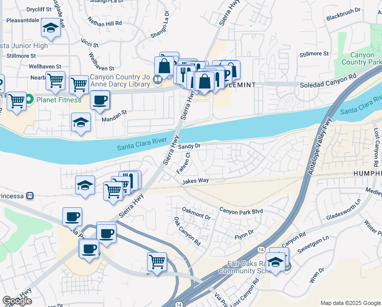 map of restaurants, bars, coffee shops, grocery stores, and more near 27365 Fahren Court in Los Angeles County