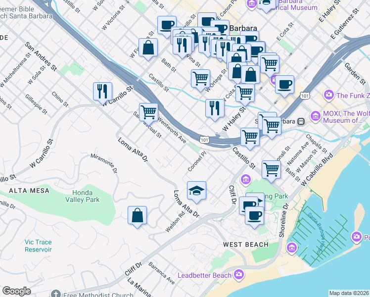 map of restaurants, bars, coffee shops, grocery stores, and more near 531 West Cota Street in Santa Barbara