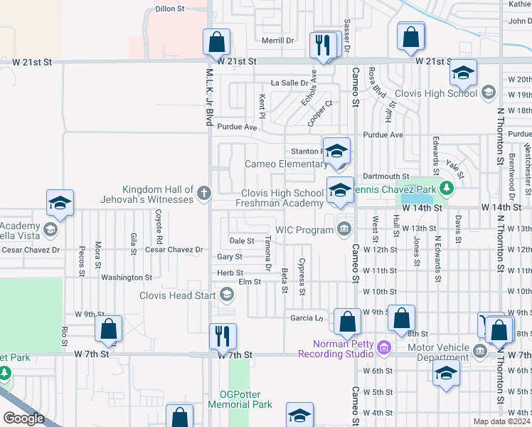 map of restaurants, bars, coffee shops, grocery stores, and more near 1817 Debra Street in Clovis
