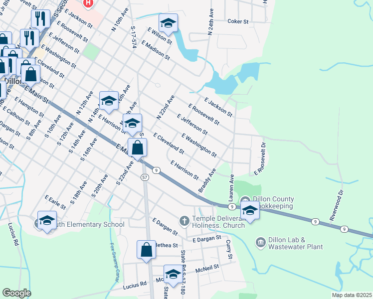 map of restaurants, bars, coffee shops, grocery stores, and more near 1323 East Cleveland Street in Dillon