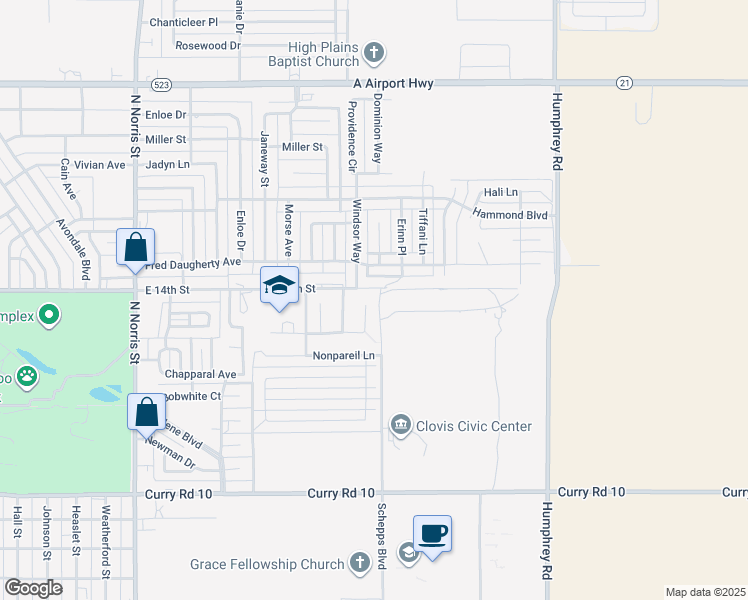 map of restaurants, bars, coffee shops, grocery stores, and more near 801 Almond Tree Lane in Clovis