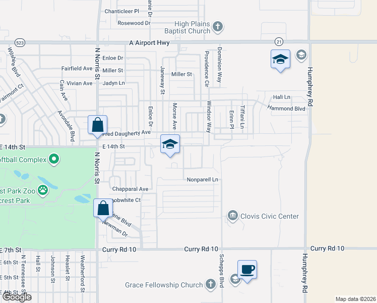 map of restaurants, bars, coffee shops, grocery stores, and more near 2616 East 14th Street in Clovis
