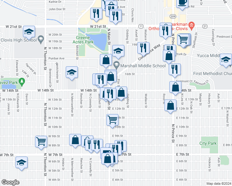 map of restaurants, bars, coffee shops, grocery stores, and more near 1304 Pile Street in Clovis