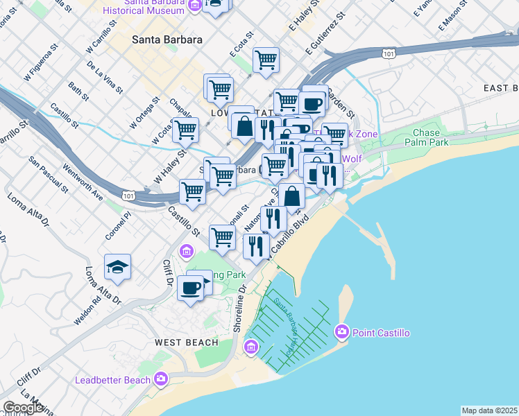 map of restaurants, bars, coffee shops, grocery stores, and more near 123 Natoma Avenue in Santa Barbara