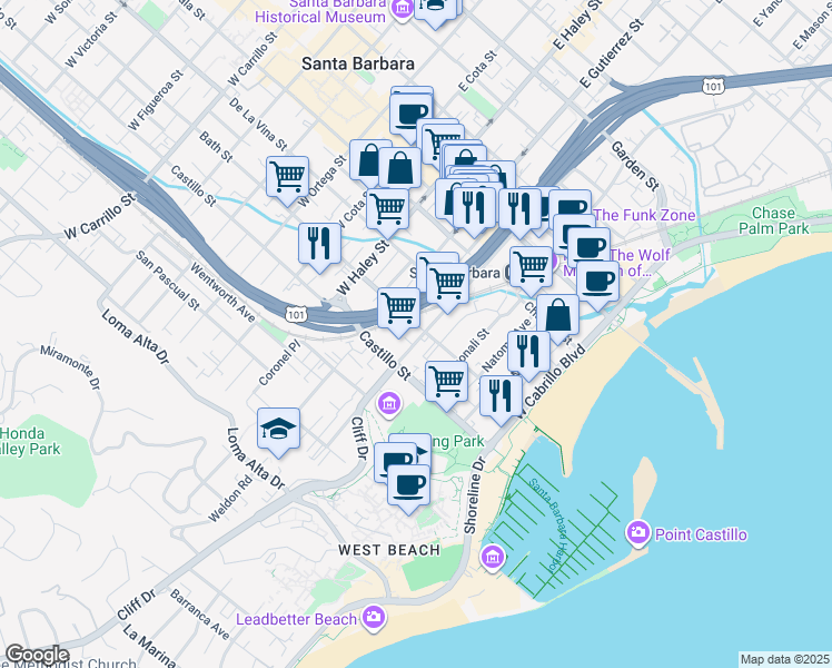 map of restaurants, bars, coffee shops, grocery stores, and more near 316 West Montecito Street in Santa Barbara