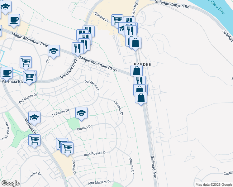 map of restaurants, bars, coffee shops, grocery stores, and more near 25994 Pueblo Drive in Santa Clarita
