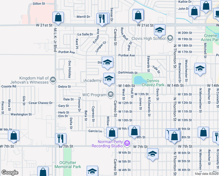 map of restaurants, bars, coffee shops, grocery stores, and more near 1400 Cameo Street in Clovis