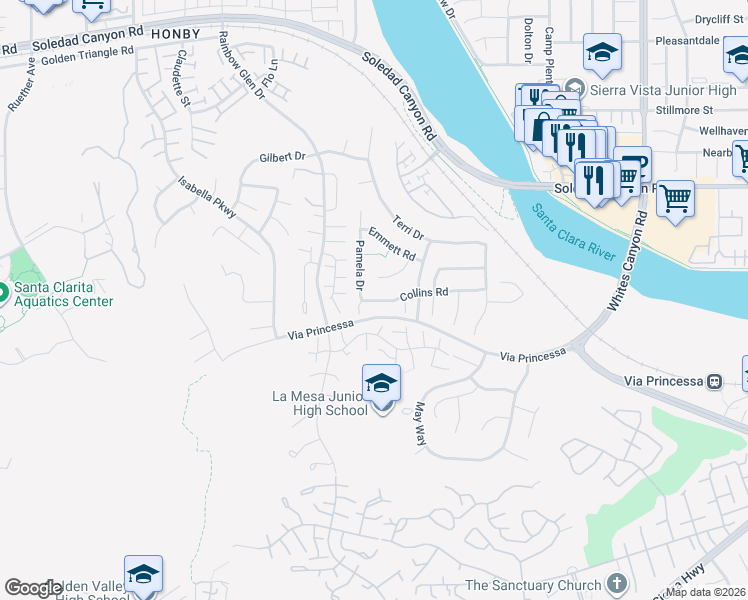 map of restaurants, bars, coffee shops, grocery stores, and more near 19853 Collins Road in Santa Clarita