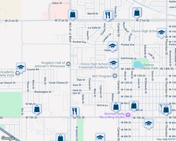 map of restaurants, bars, coffee shops, grocery stores, and more near 1821 Debra Street in Clovis