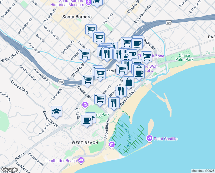 map of restaurants, bars, coffee shops, grocery stores, and more near 206 West Yanonali Street in Santa Barbara