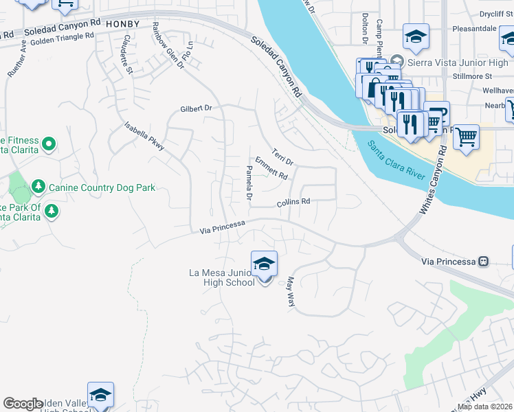 map of restaurants, bars, coffee shops, grocery stores, and more near 19844 Collins Road in Santa Clarita