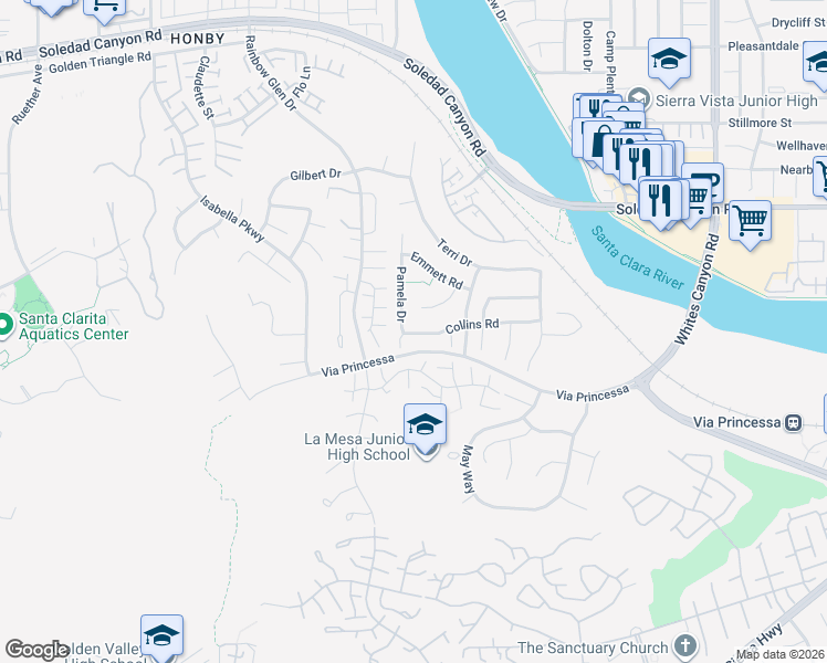 map of restaurants, bars, coffee shops, grocery stores, and more near 19849 Collins Road in Santa Clarita