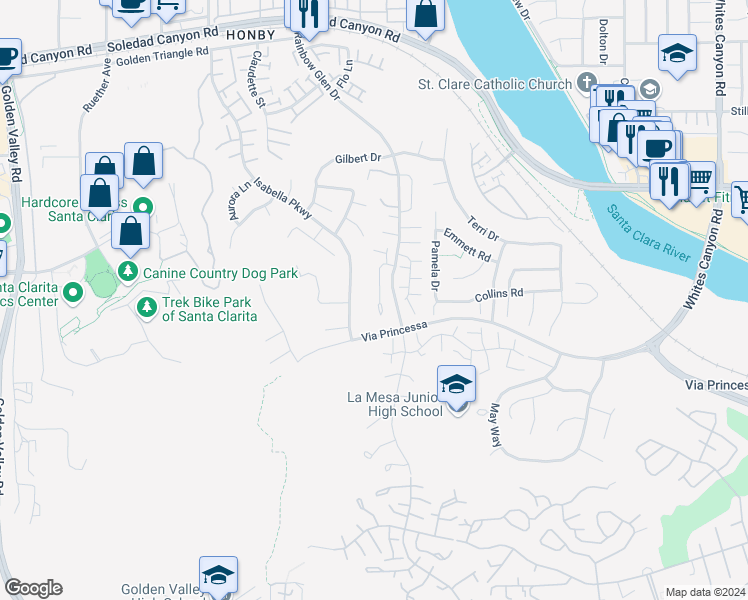 map of restaurants, bars, coffee shops, grocery stores, and more near 26619 Purple Martin Court in Santa Clarita