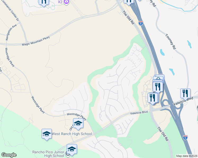 map of restaurants, bars, coffee shops, grocery stores, and more near 27070 Timberline Terrace in Los Angeles County