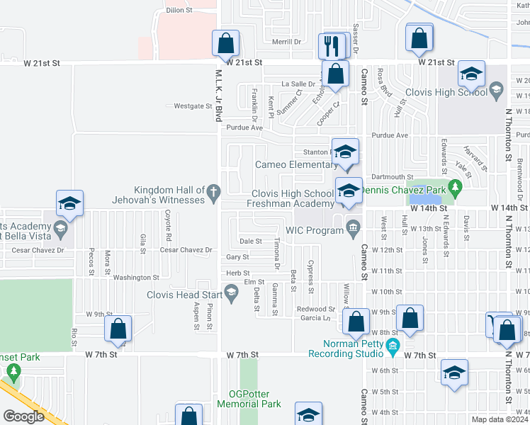 map of restaurants, bars, coffee shops, grocery stores, and more near 1831 Debra Street in Clovis