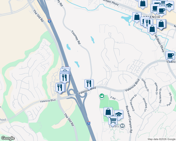 map of restaurants, bars, coffee shops, grocery stores, and more near 26877 Tourney Road in Santa Clarita