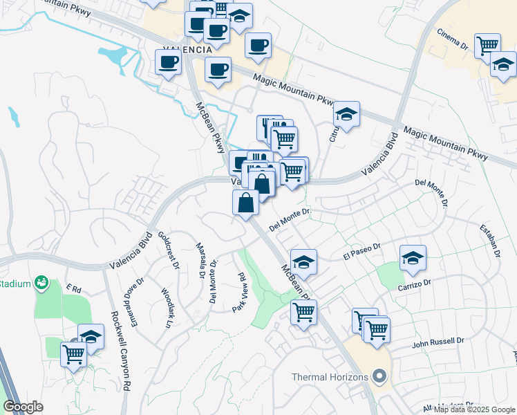 map of restaurants, bars, coffee shops, grocery stores, and more near 24218 Valencia Boulevard in Santa Clarita