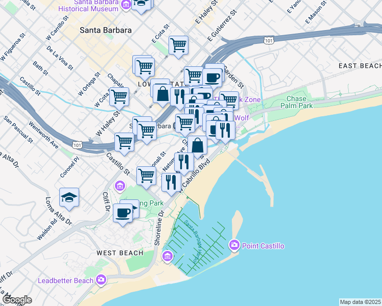 map of restaurants, bars, coffee shops, grocery stores, and more near 106 West Mason Street in Santa Barbara