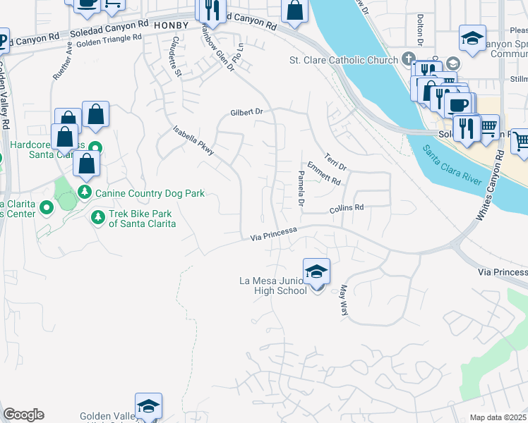 map of restaurants, bars, coffee shops, grocery stores, and more near 26619 Purple Martin Court in Santa Clarita