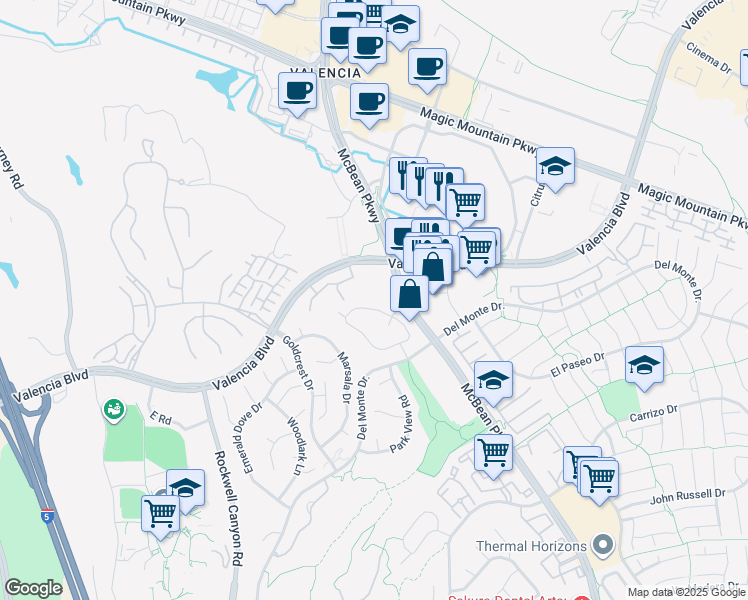 map of restaurants, bars, coffee shops, grocery stores, and more near 24121 Del Monte Drive in Santa Clarita