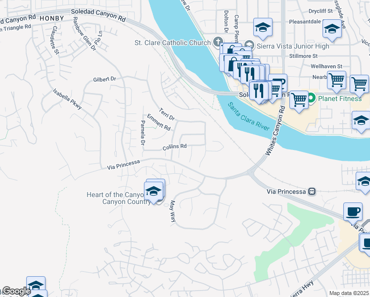 map of restaurants, bars, coffee shops, grocery stores, and more near 19752 Collins Road in Santa Clarita