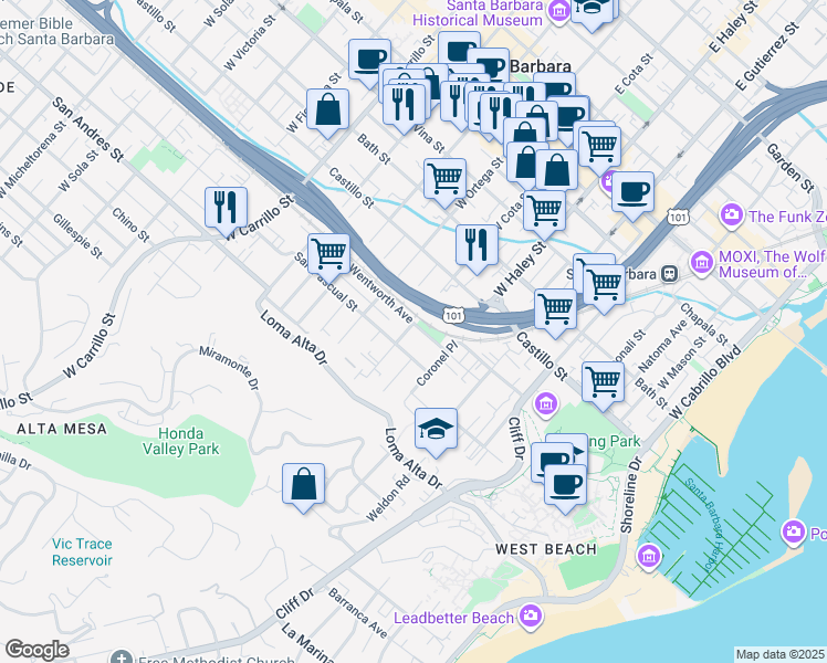 map of restaurants, bars, coffee shops, grocery stores, and more near 535 Wentworth Avenue in Santa Barbara