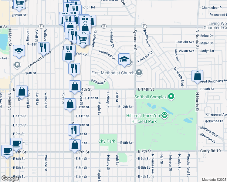map of restaurants, bars, coffee shops, grocery stores, and more near 1313 Hickory Street in Clovis