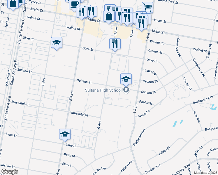 map of restaurants, bars, coffee shops, grocery stores, and more near 17085 Sultana Street in Hesperia