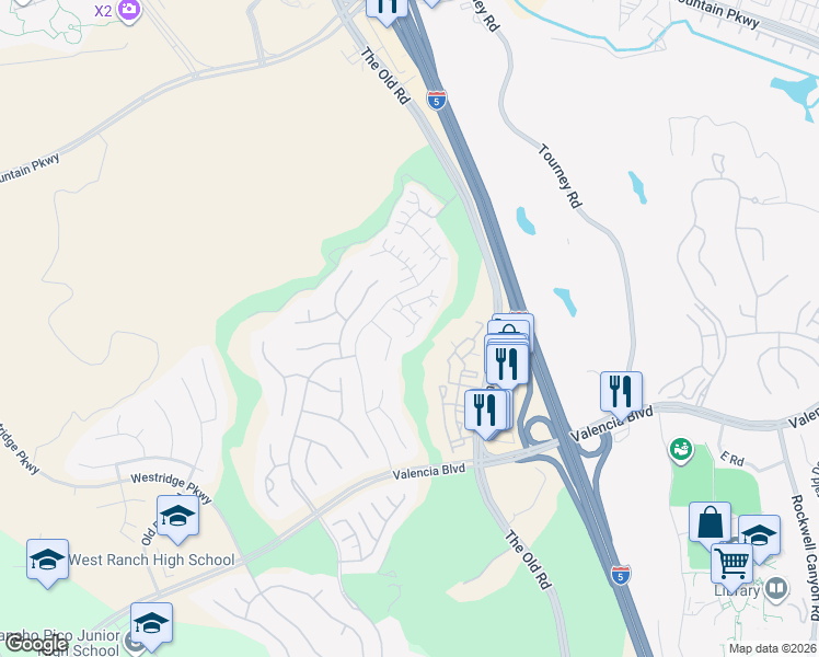 map of restaurants, bars, coffee shops, grocery stores, and more near 27029 Fairway Lane in Los Angeles County