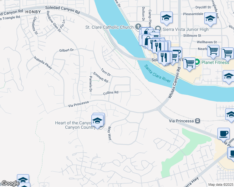 map of restaurants, bars, coffee shops, grocery stores, and more near 19752 Collins Road in Santa Clarita