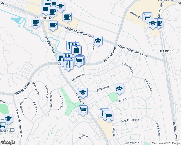 map of restaurants, bars, coffee shops, grocery stores, and more near 23921 Del Monte Drive in Santa Clarita