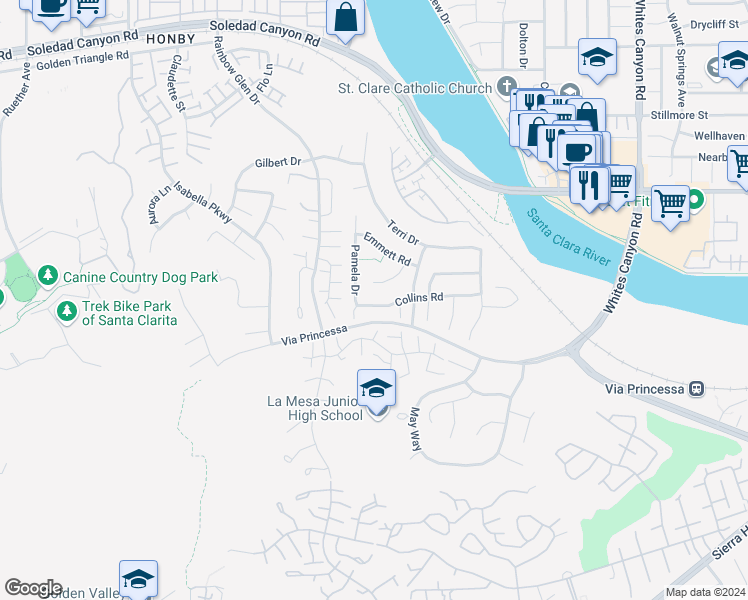 map of restaurants, bars, coffee shops, grocery stores, and more near 19845 Collins Road in Santa Clarita
