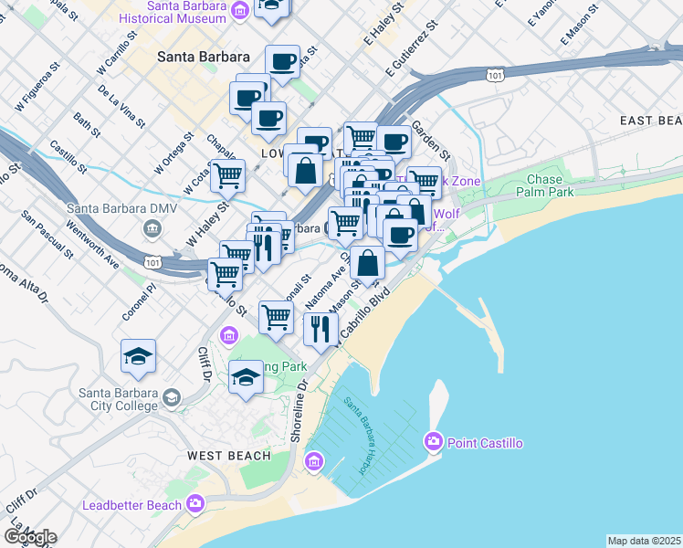 map of restaurants, bars, coffee shops, grocery stores, and more near 121 Burton Circle in Santa Barbara