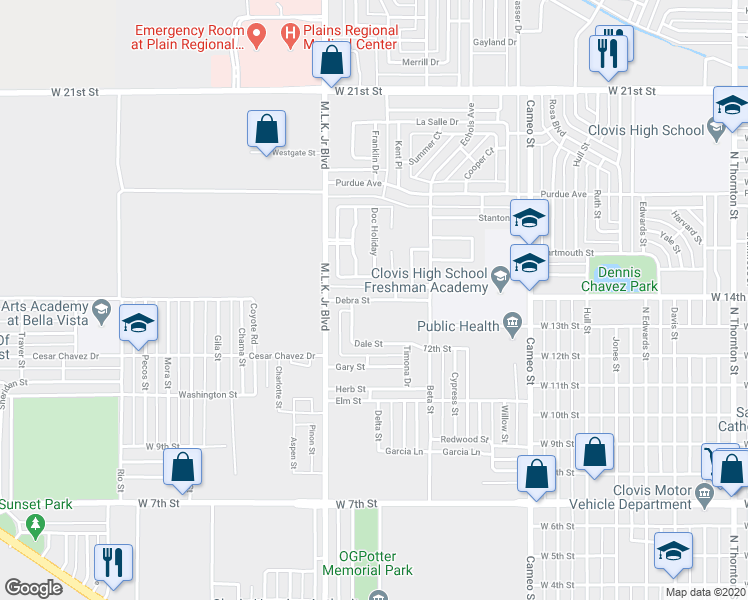 map of restaurants, bars, coffee shops, grocery stores, and more near 2132 Debra Street in Clovis