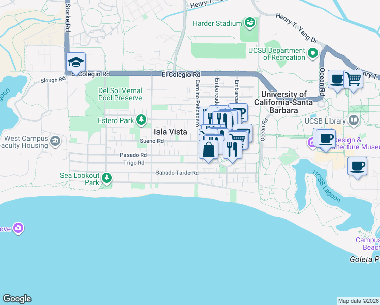 map of restaurants, bars, coffee shops, grocery stores, and more near 6604 Trigo Road in Isla Vista
