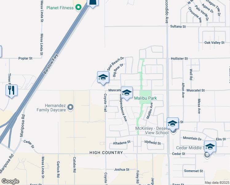 map of restaurants, bars, coffee shops, grocery stores, and more near 12956 Clovis Court in Hesperia