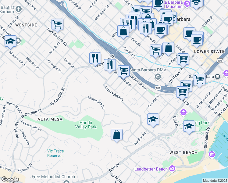 map of restaurants, bars, coffee shops, grocery stores, and more near 801 Marilla Avenue in Santa Barbara