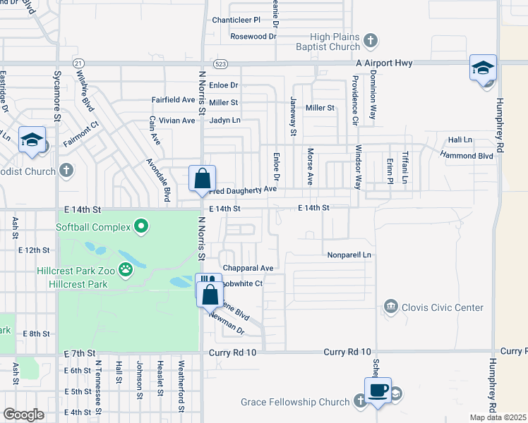 map of restaurants, bars, coffee shops, grocery stores, and more near 2501 West 14th Street in Clovis