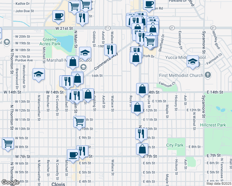 map of restaurants, bars, coffee shops, grocery stores, and more near 1321 Wallace Street in Clovis