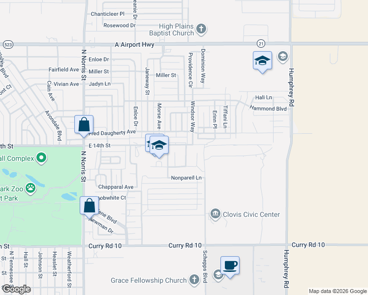map of restaurants, bars, coffee shops, grocery stores, and more near 1600 Windsor Way in Clovis