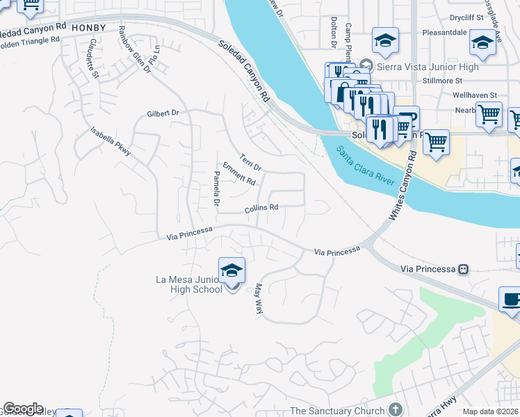 map of restaurants, bars, coffee shops, grocery stores, and more near in Santa Clarita