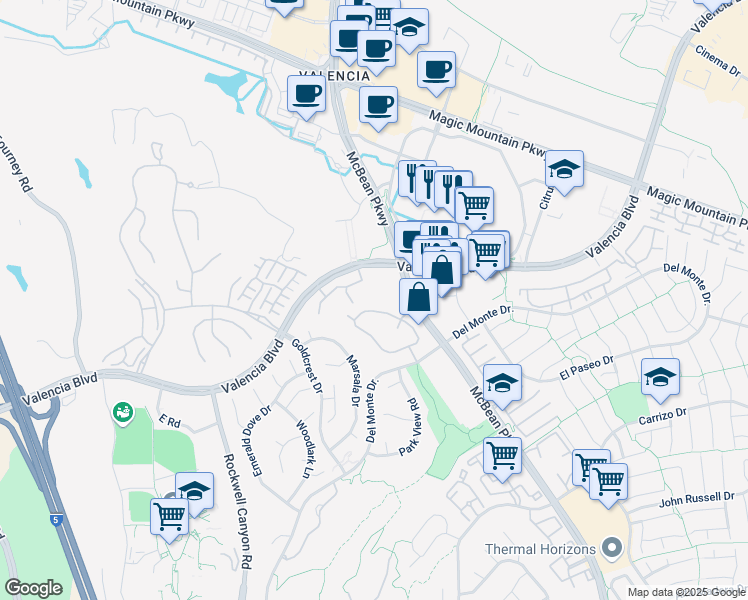 map of restaurants, bars, coffee shops, grocery stores, and more near 24448 Valencia Boulevard in Santa Clarita