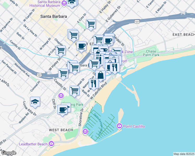 map of restaurants, bars, coffee shops, grocery stores, and more near in Santa Barbara