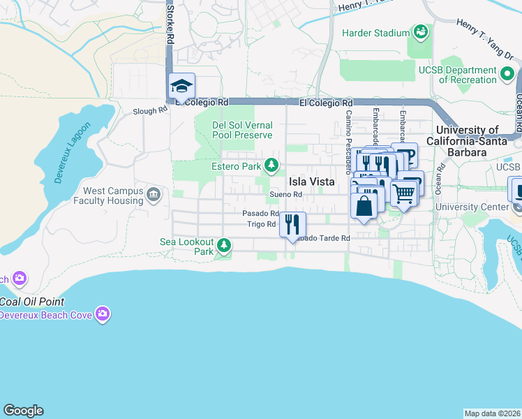 map of restaurants, bars, coffee shops, grocery stores, and more near 6720 Trigo Road in Isla Vista