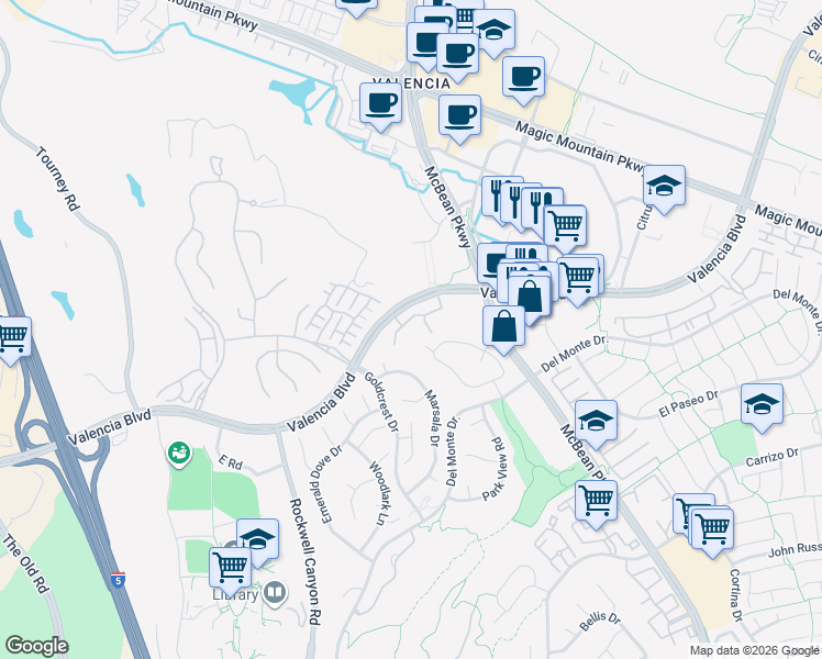 map of restaurants, bars, coffee shops, grocery stores, and more near 24458 Valencia Boulevard in Santa Clarita
