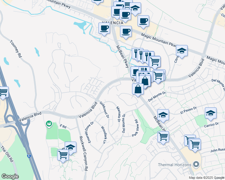 map of restaurants, bars, coffee shops, grocery stores, and more near 24458 Valencia Boulevard in Santa Clarita
