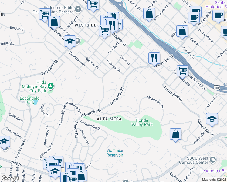 map of restaurants, bars, coffee shops, grocery stores, and more near 1018 Belmonte Drive in Santa Barbara