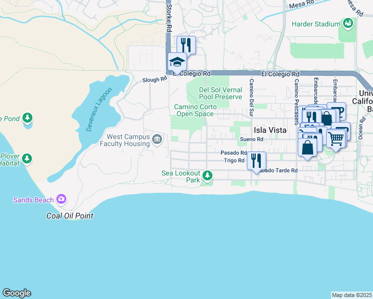 map of restaurants, bars, coffee shops, grocery stores, and more near 6845 Pasado Road in Goleta